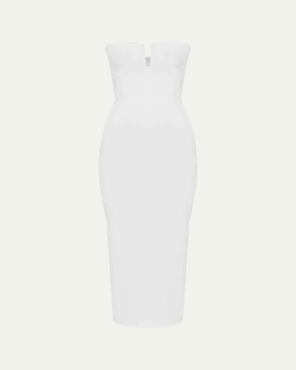 Strapless Satin Crepe Bustier Midi Dress